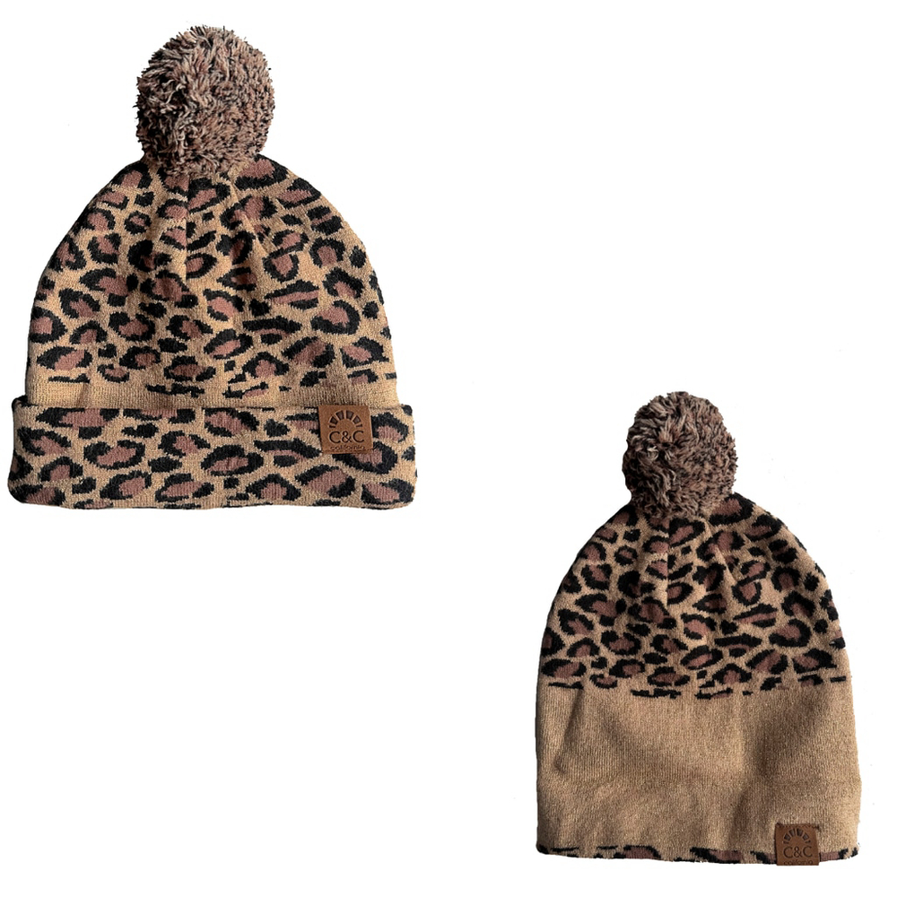 NWT CC Leopard Pom Pom Beanie Cuffed/Uncuffed